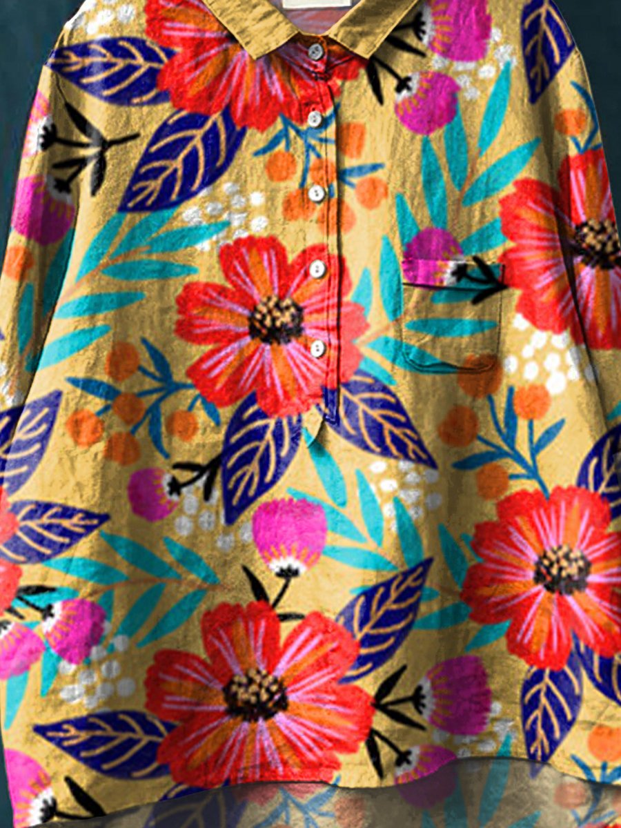 Women's Watercolor Flowers Floral Art Print Casual Cotton And Linen Shirt