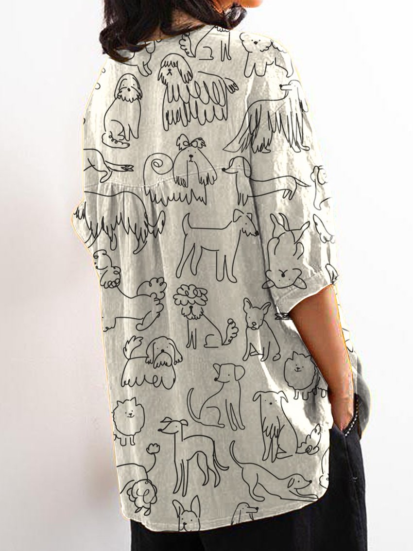 Women's Black and White Line Puppy Print Casual Cotton And Linen Shirt