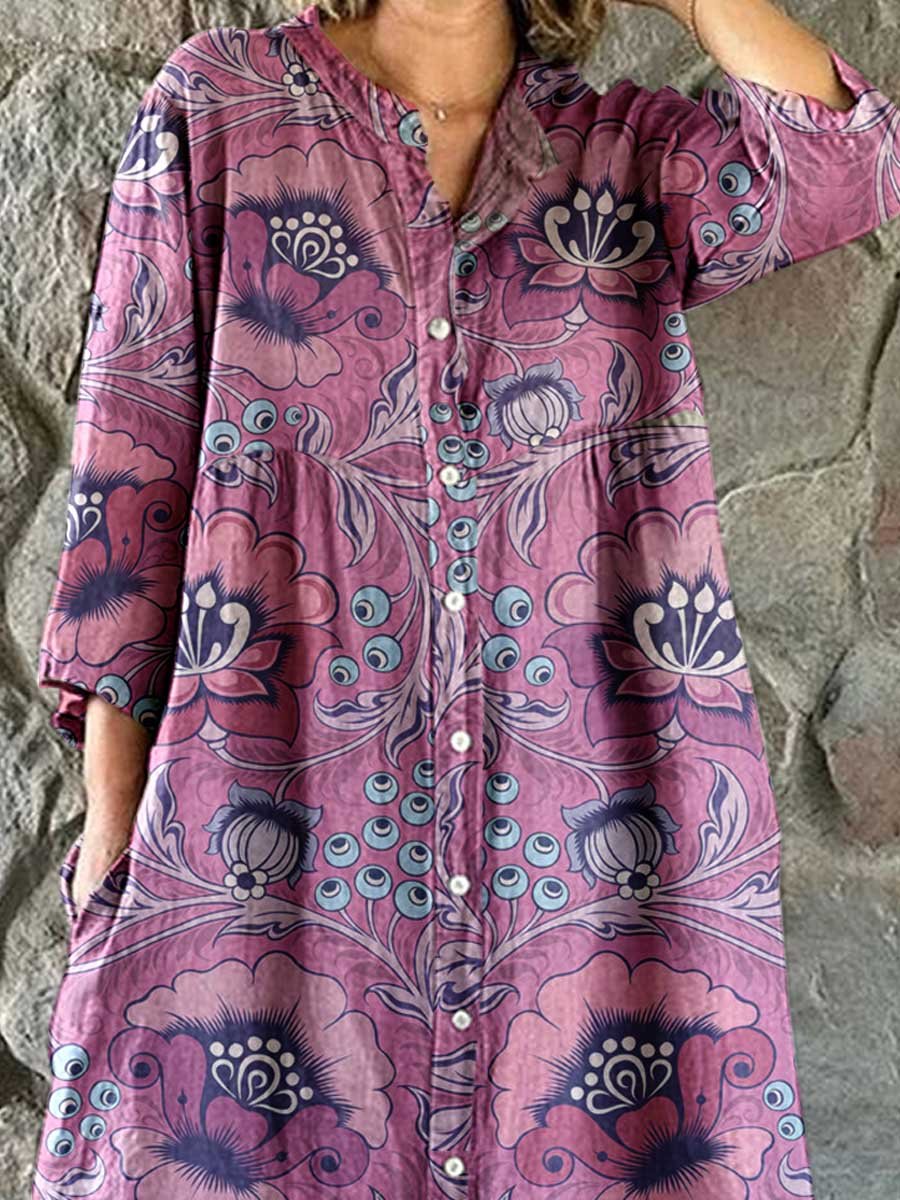 Women's Elegant Vintage Floral Pattern Shirt Style Cotton and Linen Dress