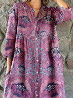 Women's Elegant Vintage Floral Pattern Shirt Style Cotton and Linen Dress