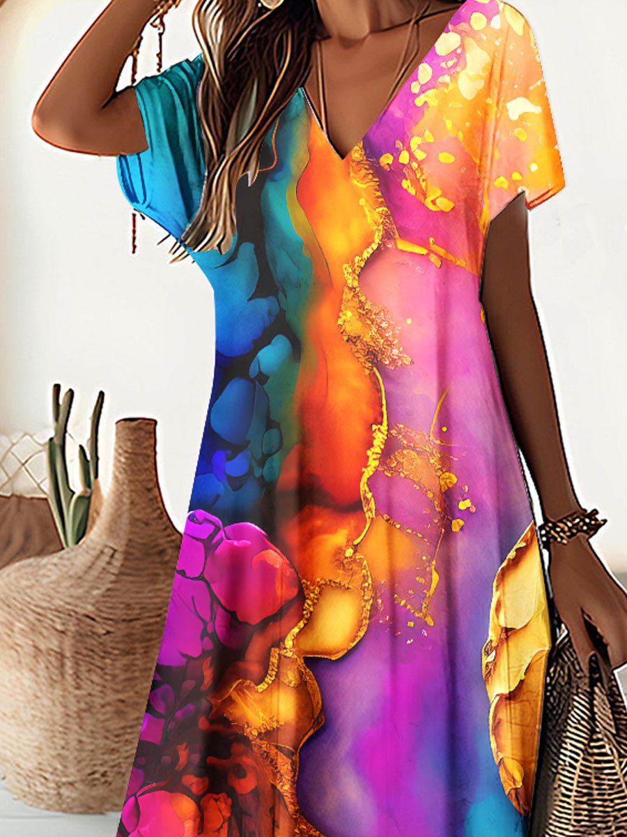 Women's Floral Alcohol Ink Art Print Pocket V Neck Long Dress Maxi Dress