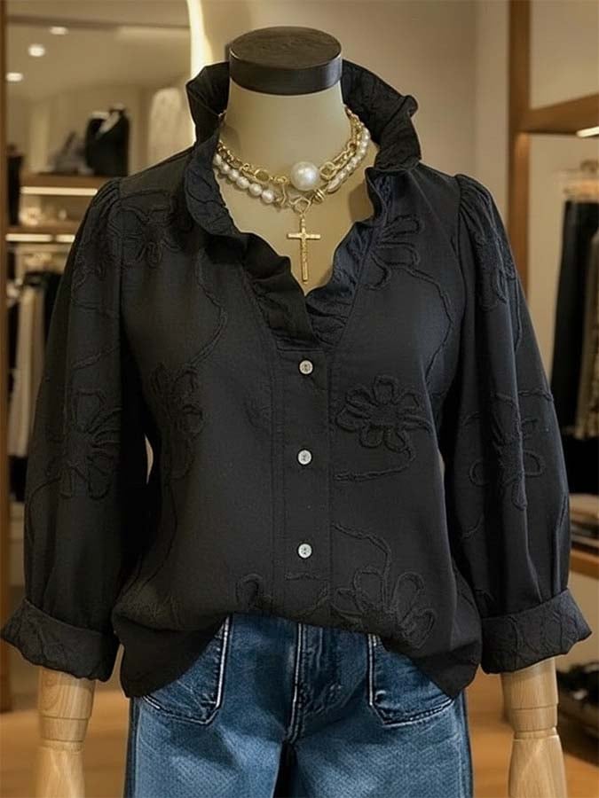 Women'S Casual Embroidered Ruffle Shirt