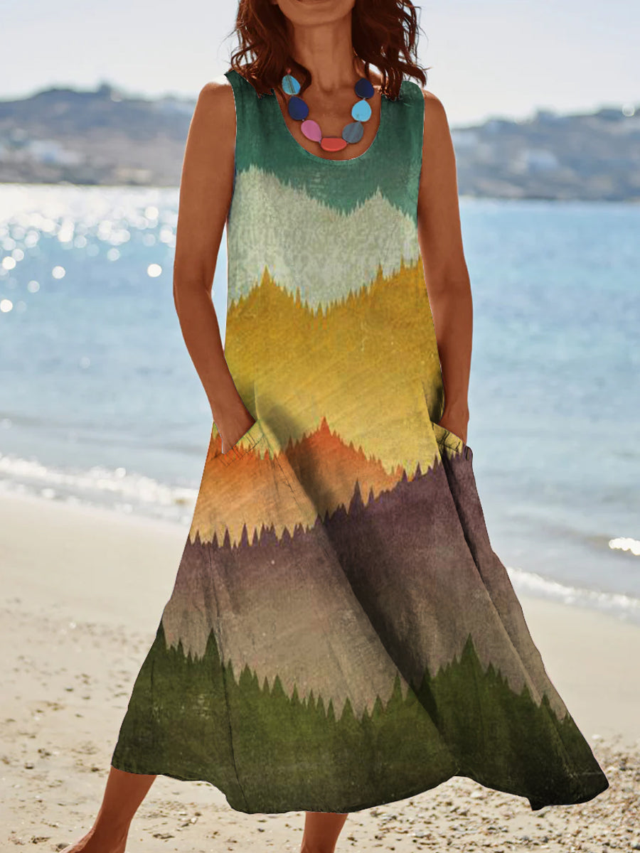 Women's Vintage Colorful Irregular Pattern Round Neck Dresses