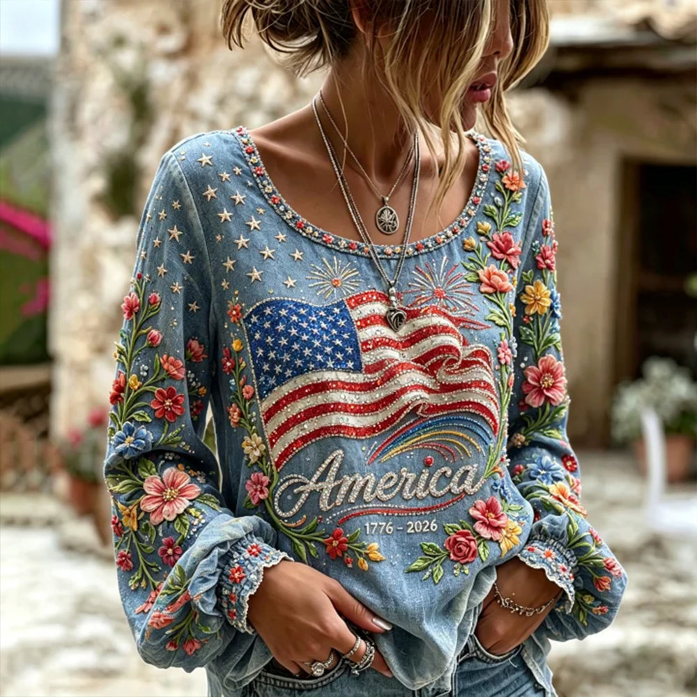 Vintage American Anniversary Flag And Floral Casual Crewneck Cotton Linen Long Sleeve Top