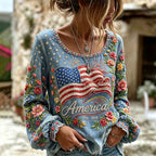 Vintage American Anniversary Flag And Floral Casual Crewneck Cotton Linen Long Sleeve Top