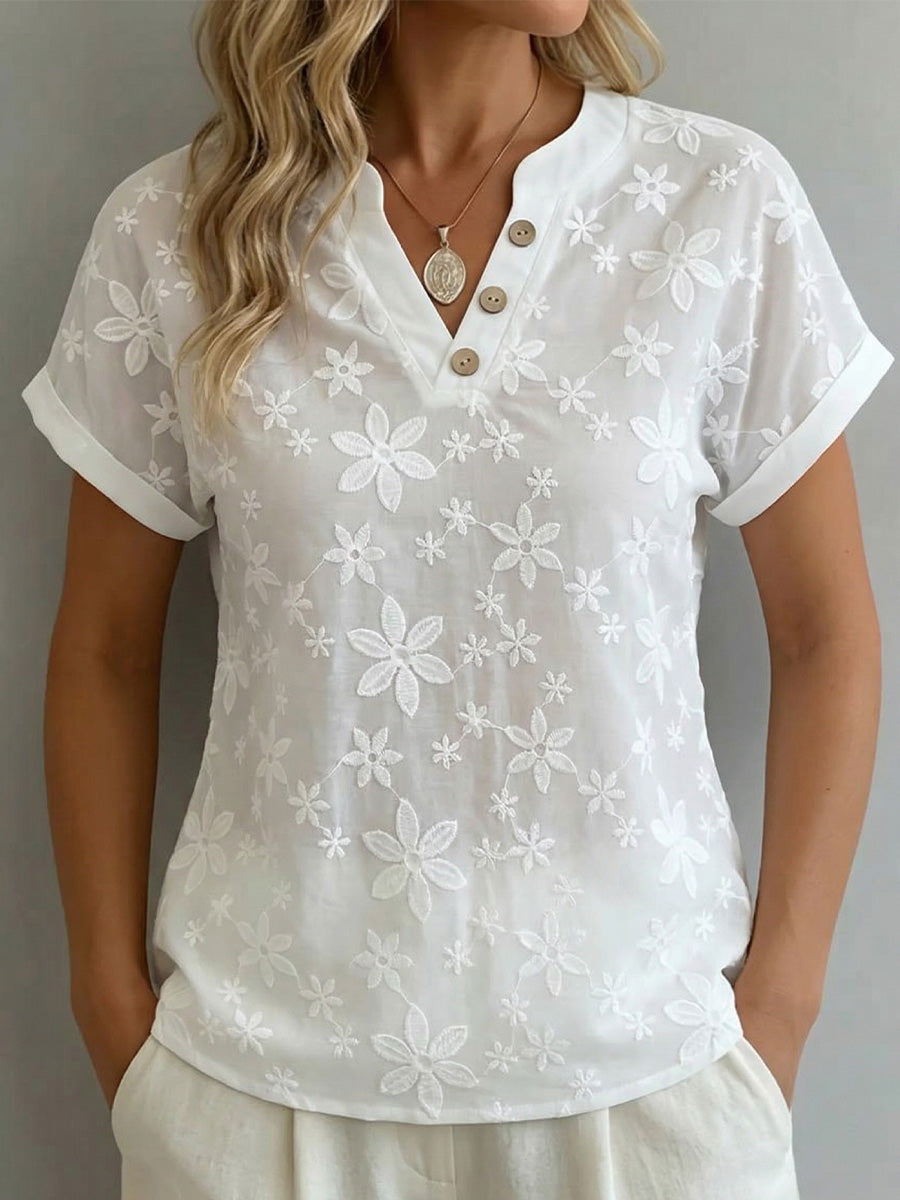 Women's V-neck Embroidered Short-sleeve Shirt
