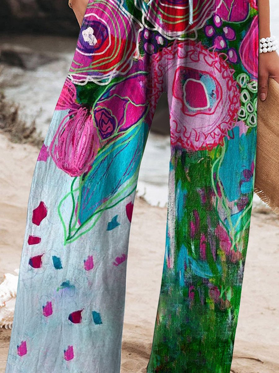 Women's Vintage Lovely Floral Art Printed Cotton And Linen Casual Pants