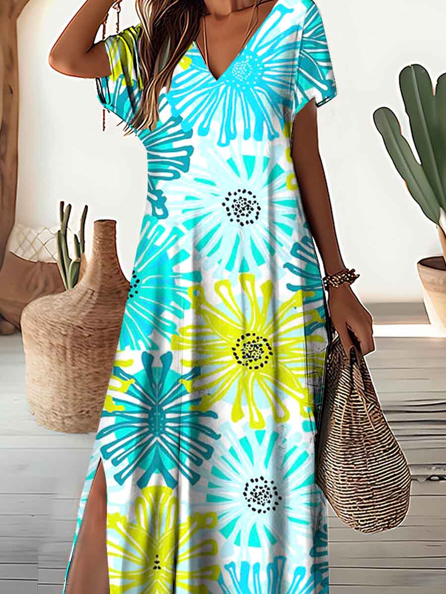 Women's V-Neck Knitted Floral Pattern Dress