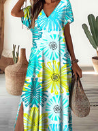 Women's V-Neck Knitted Floral Pattern Dress