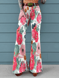 Women's Vintage Floral Print Mid-Rise Button-Hem Bootcut Pants (Without Belt)