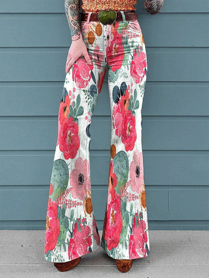 Women's Vintage Floral Print Mid-Rise Button-Hem Bootcut Pants (Without Belt)