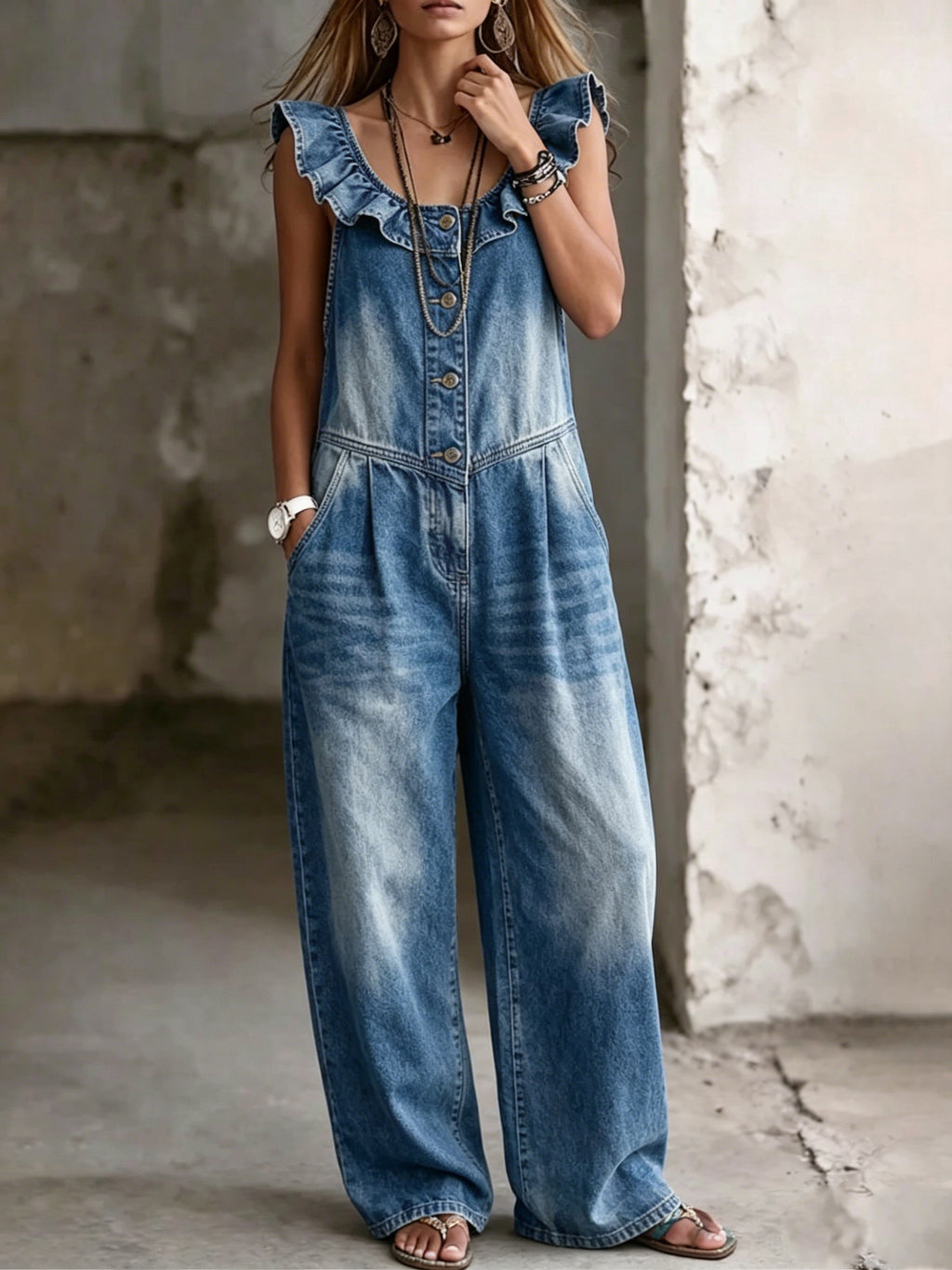 Vintage Ruffle Denim Wide-Leg Jumpsuit