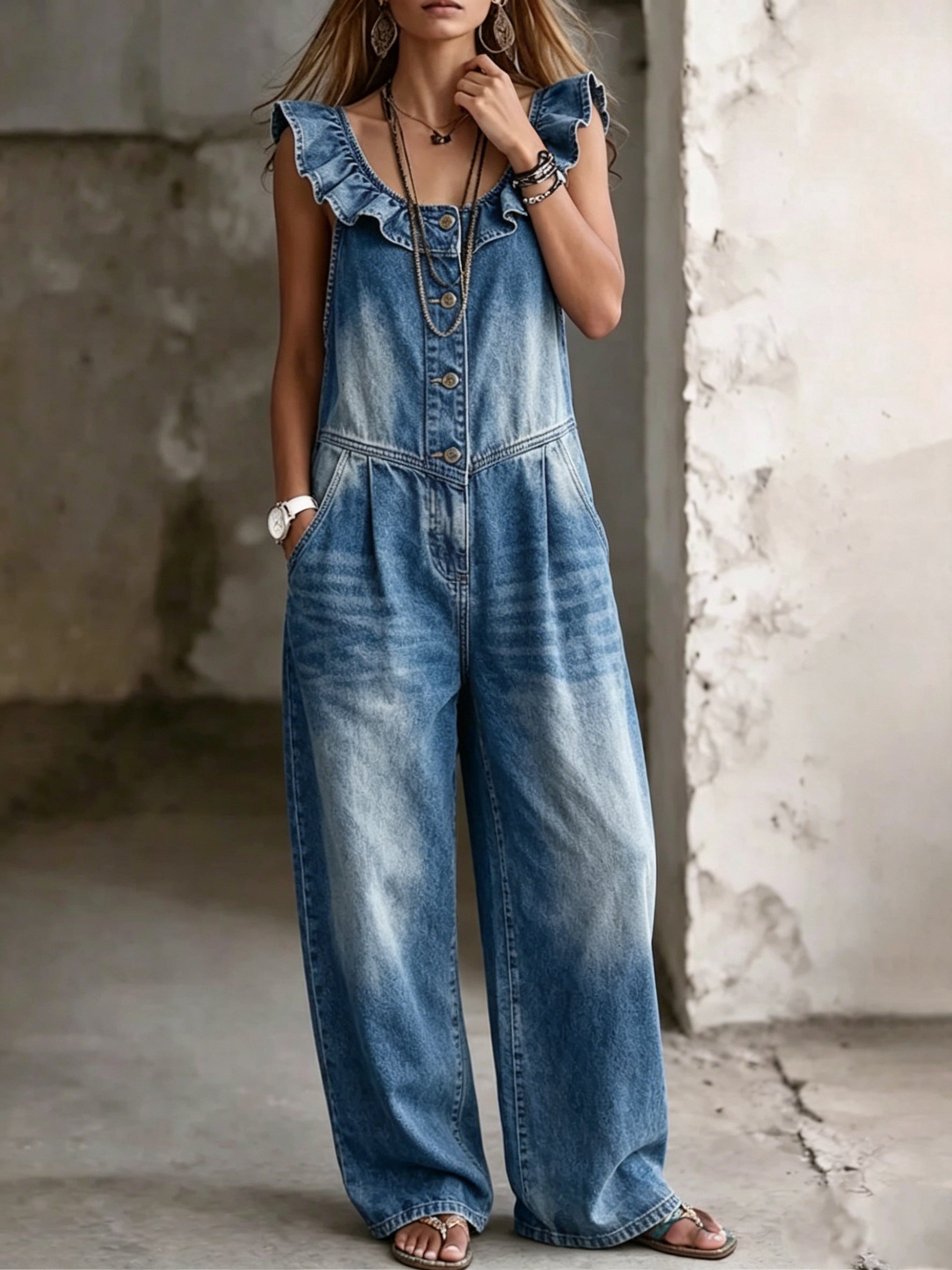Vintage Ruffle Denim Wide-Leg Jumpsuit