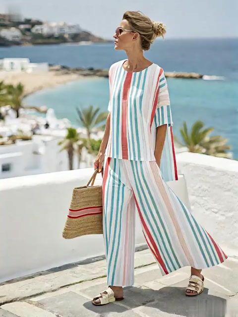 Women's Casual Loose Striped Pants Set
