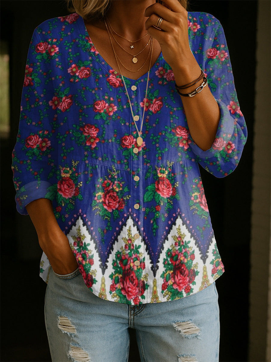 Women's Floral Pattern Art Print Casual Cotton Shirt