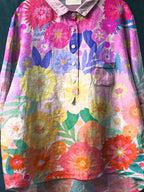 Women's Watercolor Flowers Floral Art Print Casual Cotton And Linen Shirt