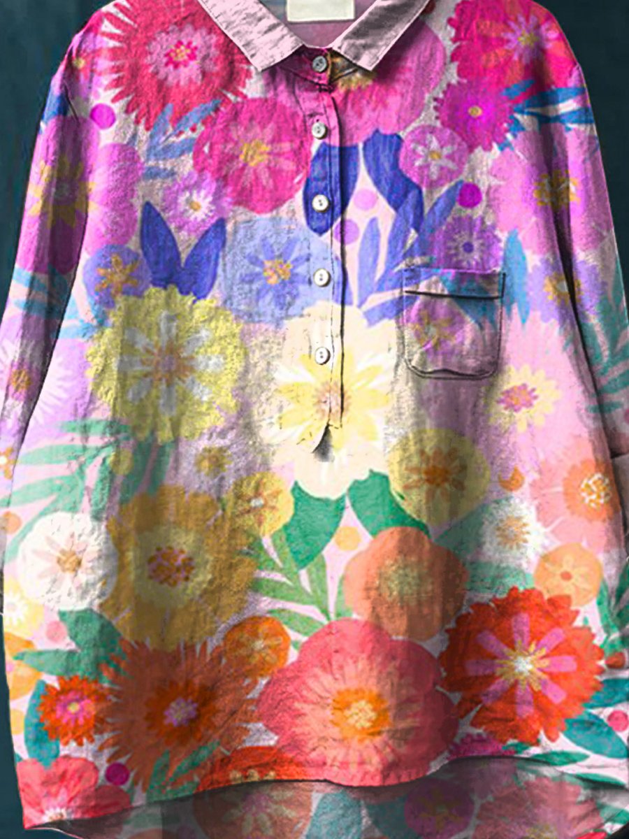 Women's Watercolor Flowers Floral Art Print Casual Cotton And Linen Shirt