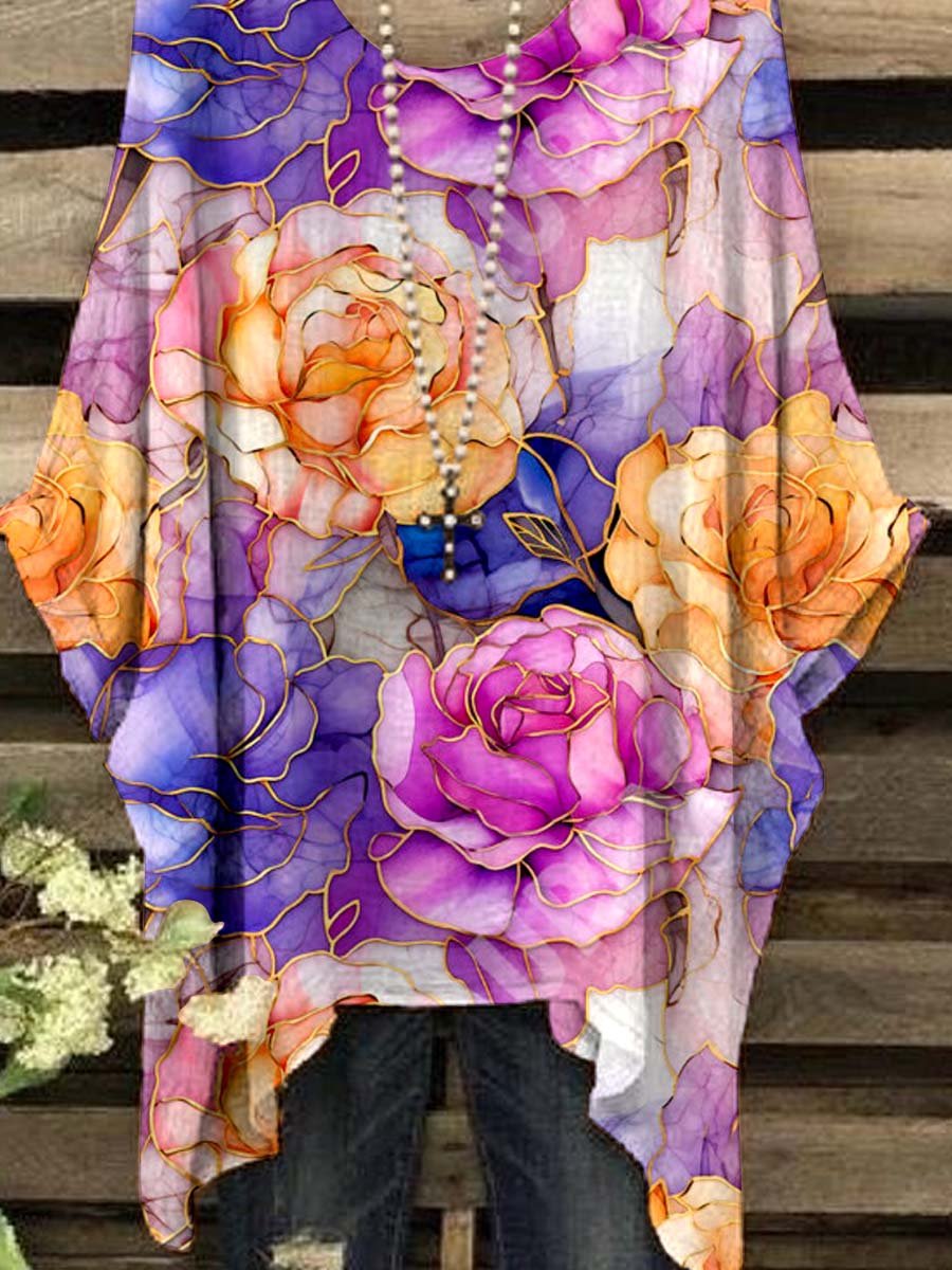 Women's V-neck Floral Cotton And Linen Top