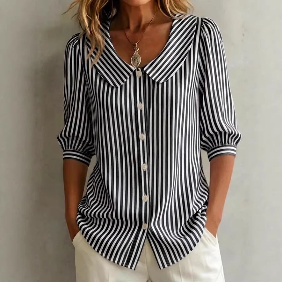 Retro Peter Pan Collar Striped Cotton-linen Shirt