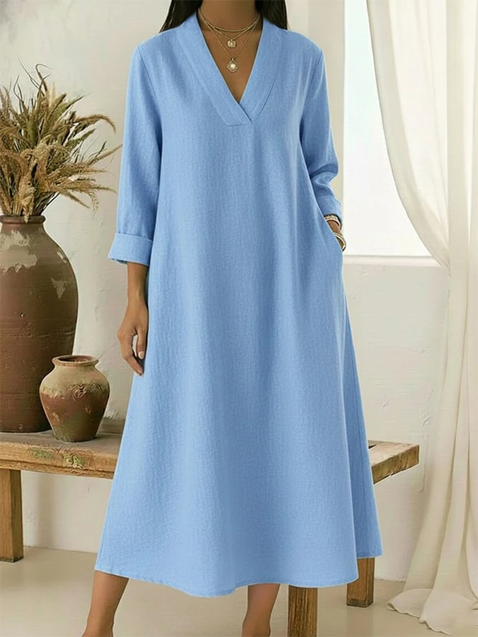 Women'S Casual V-Neck Loose-Fitting Long Cotton And Linen Dress