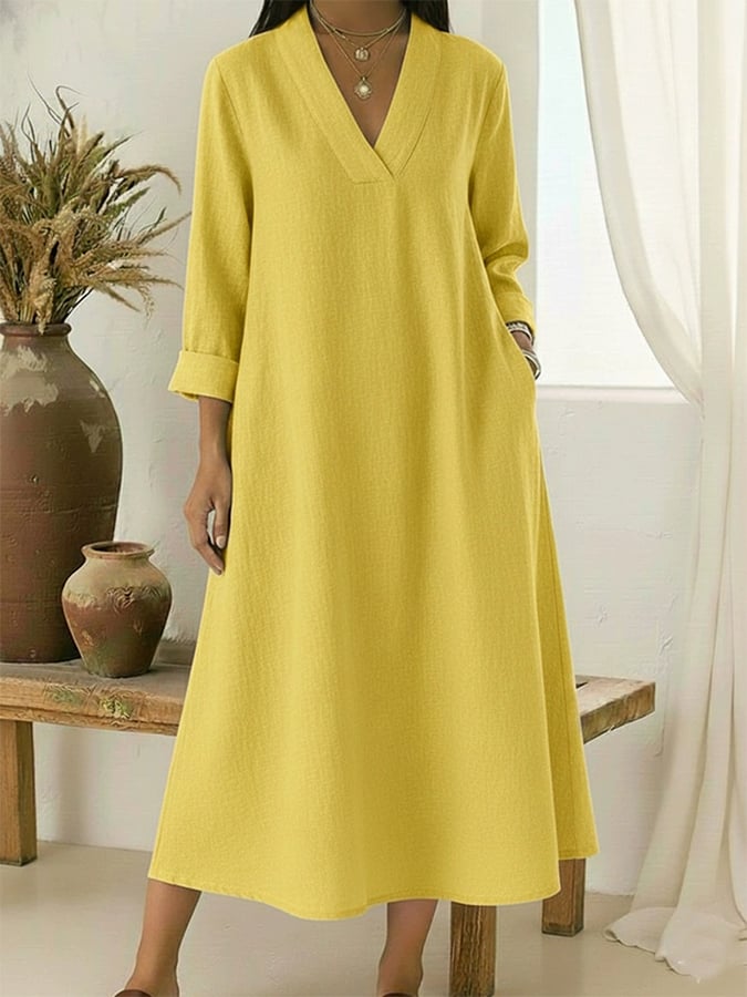 Women'S Casual V-Neck Loose-Fitting Long Cotton And Linen Dress