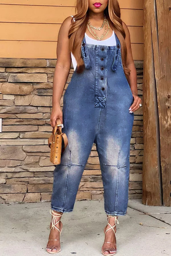 Fashion Casual Designer Style Denim Suspender Jumpsuit