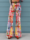 Women's Vintage Floral Print Mid-Rise Button-Hem Bootcut Pants (Without Belt)