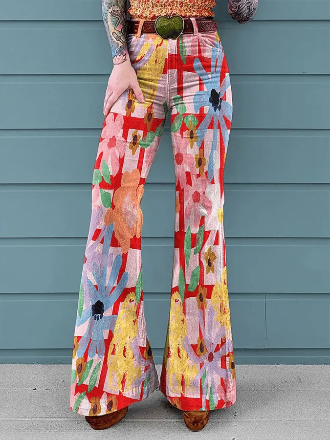 Women's Vintage Floral Print Mid-Rise Button-Hem Bootcut Pants (Without Belt)