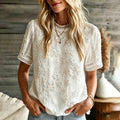 Women's Vintage Romantic White Rose Art Linen Blend Short Sleeve Tops