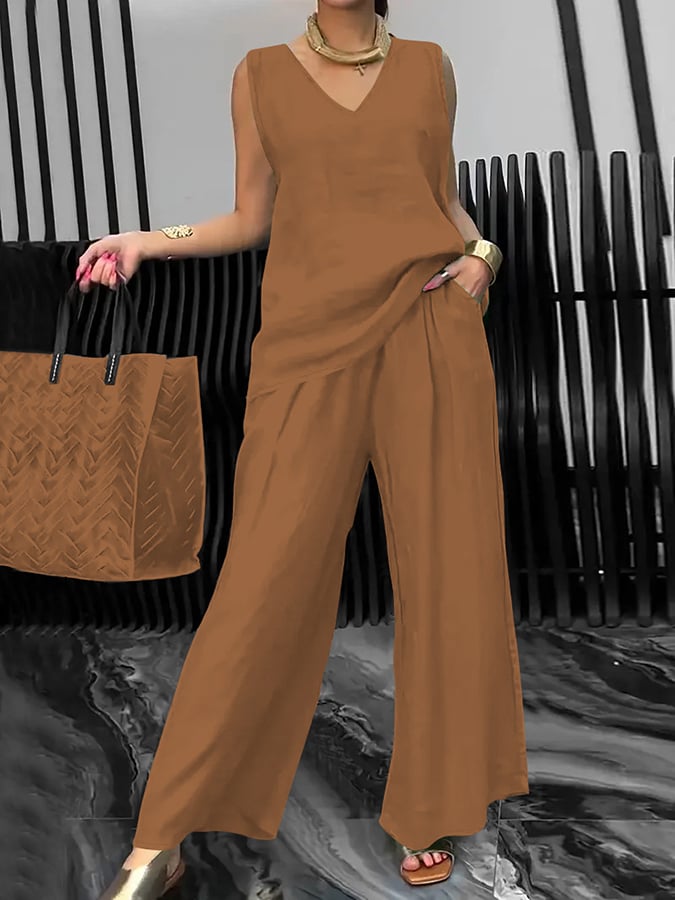 Women's casual commuter V-neck sleeveless shirt and trousers suit