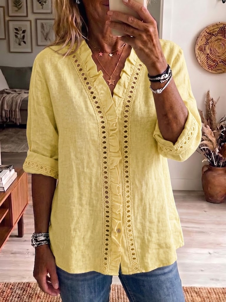Casual Ruffled Linen And Cotton Shirt