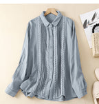 Women's Patchwork Lace Trim Linen And Cotton Pleated Shirt