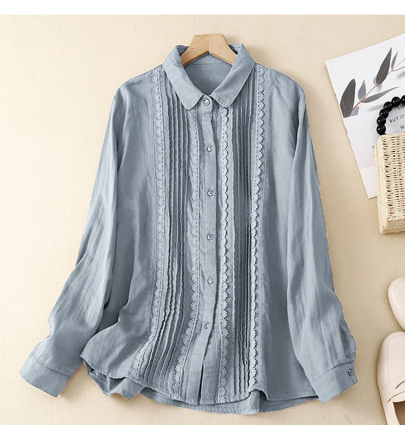 Women's Patchwork Lace Trim Linen And Cotton Pleated Shirt