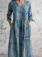 Women's V-neck Elegant Poppy Floral Print Cotton Dress