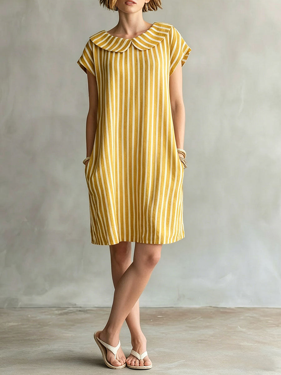 Women's Striped Print Peter Pan Collar Short-sleeve Casual Loose Cotton-linen Dress