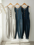 Women's Sleeveless Washed Cotton Denim Jumpsuit