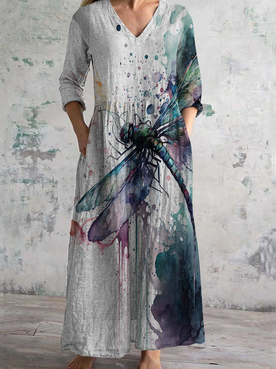 Women's V Neck Art Rose Floral Pattern Dress With Pockets