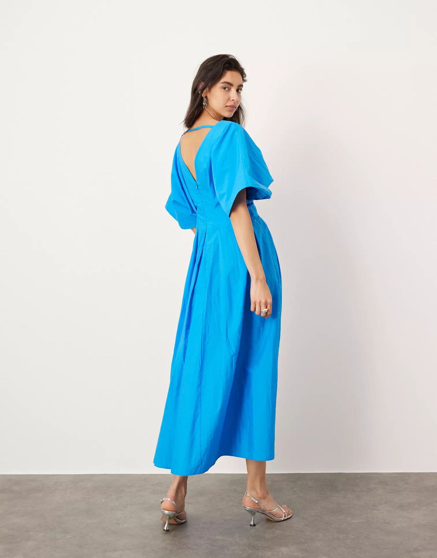 Antibes Linen Blend Princess Line Pleated Wide Puff Sleeve Midi Dress