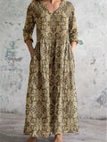 Women's Elegant Simple Floral V-Neck Cotton and Linen Dress with Pockets