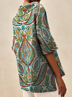 Women's Vintage Ethnic Floral Art Print Casual Linen V-neck Shirt