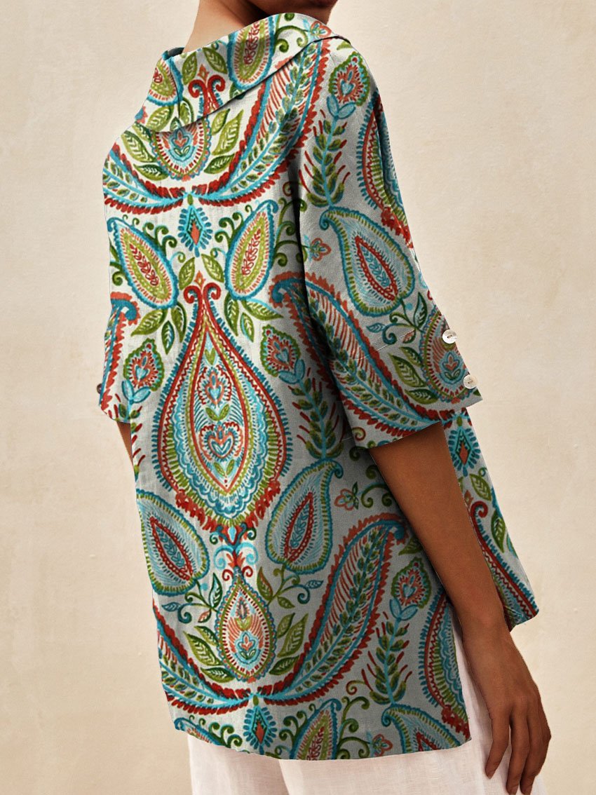 Women's Vintage Ethnic Floral Art Print Casual Linen V-neck Shirt
