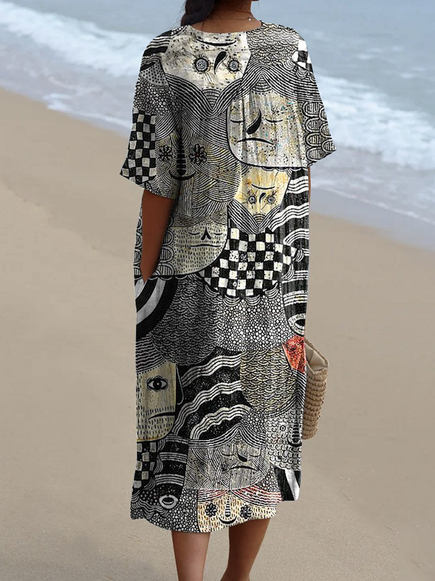 Women's Vintage Funny Abstract Figure Art Print Flowy Dress