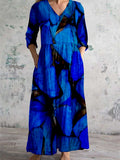 Women's V Neck Butterfly Abstract Art Print Cotton and Linen Pocket Dress