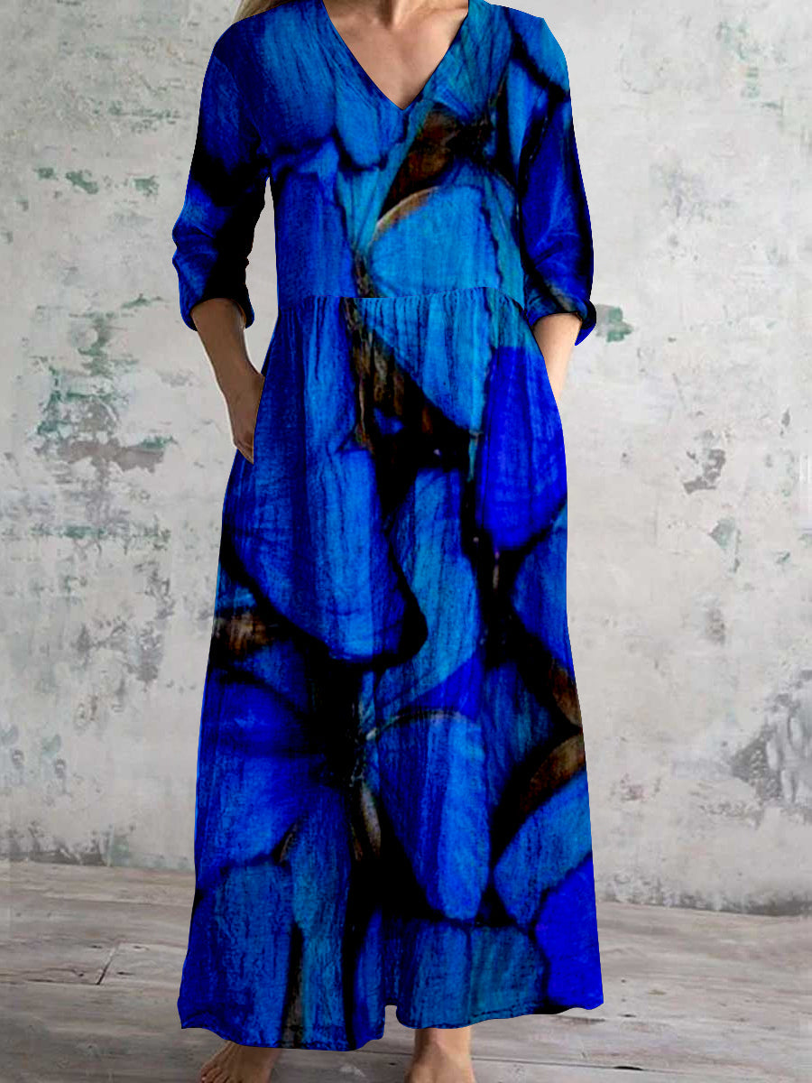 Women's V Neck Butterfly Abstract Art Print Cotton and Linen Pocket Dress