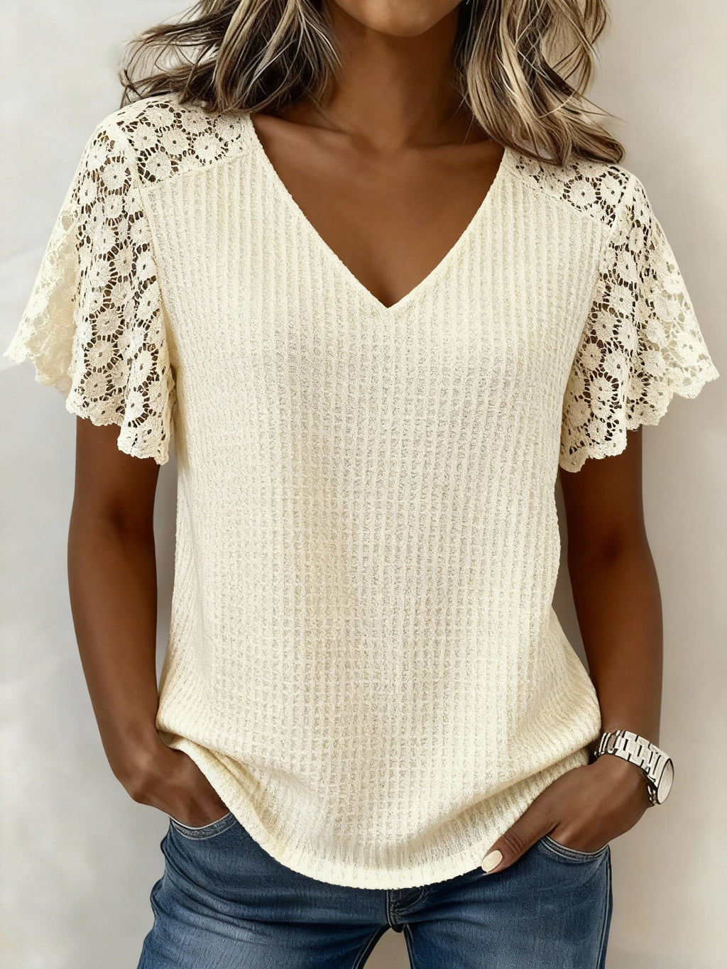 Women'S Casual Lace-Paneled Top