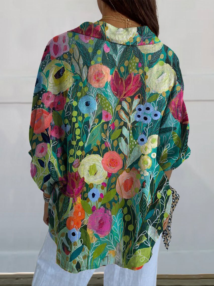 Women's  Vintage Flower Print Casual Linen V-neck Shirt