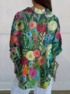 Women's  Vintage Flower Print Casual Linen V-neck Shirt