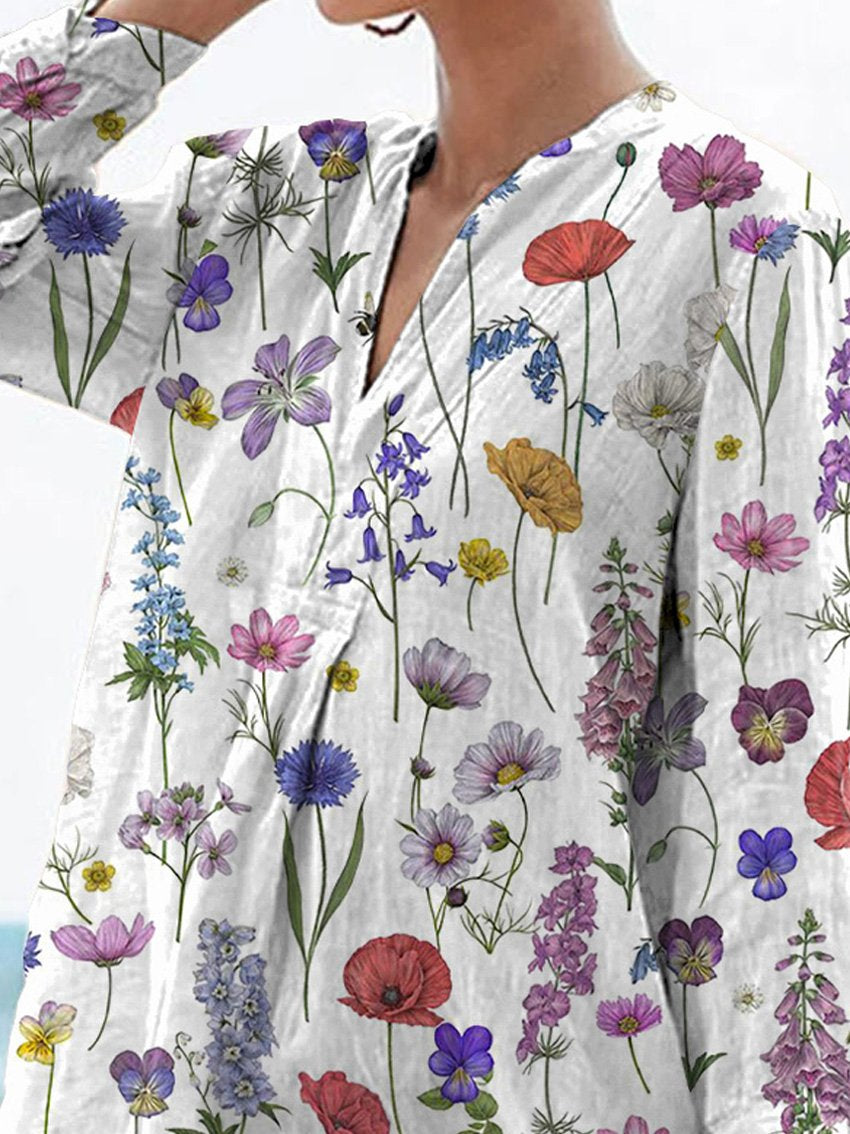 Spring Botanical Garden Pattern Printed Women's Casual Linen V-Neck Shirt