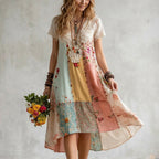 Women's Bohemian Floral Patchwork Casual V-neck Dress