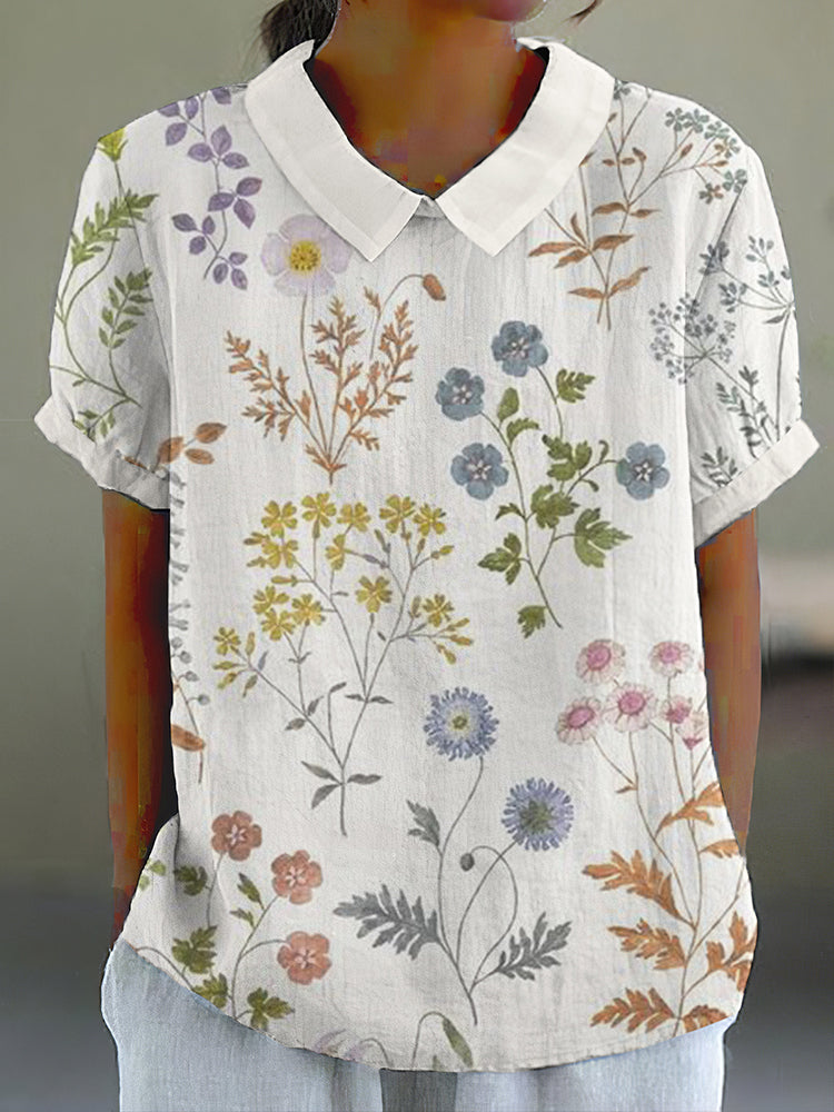 Vintage Floral Art Printed Short Sleeve Casual Shirt